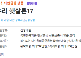 우리은행 햇살론17 대출 자격조건, 한도, 금리 총정리 우리은행 햇살론17 대출종류, 신청 자격조건, 기간, 한도