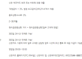 24시간 즉시 대출 모바일로 가능한 곳 총정리 24시간 즉시 대출이 가능한 신한카드의 즉시 대출 상품 신청 자격조건, 연체이자율, 기타수수료, 대출기간, 상환방법, 신청 가능시간, 신청방법