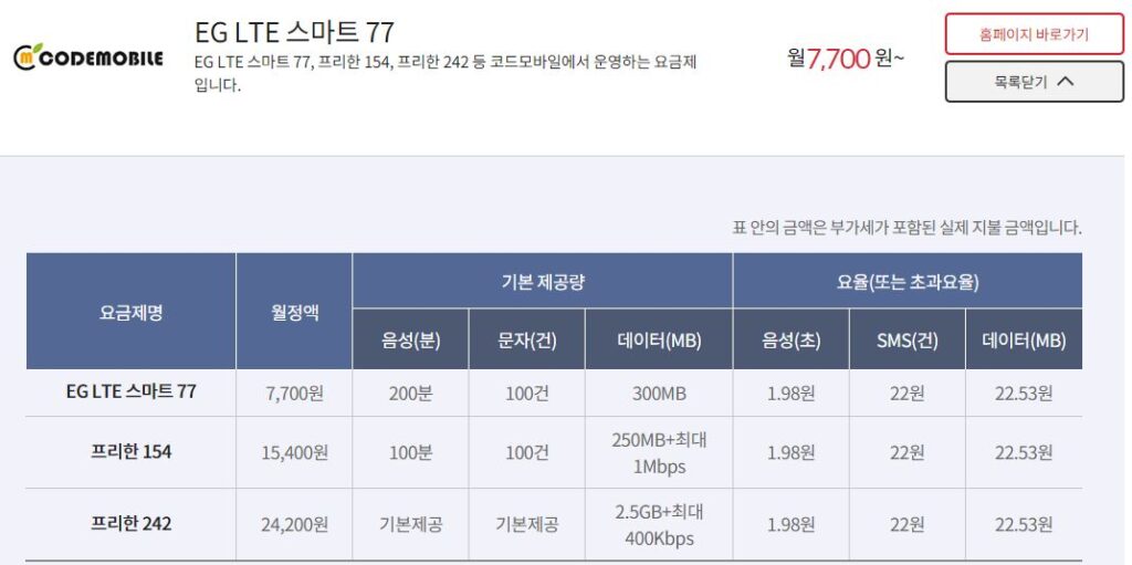 KT 알뜰폰 요금제 - eg lte 스마트77